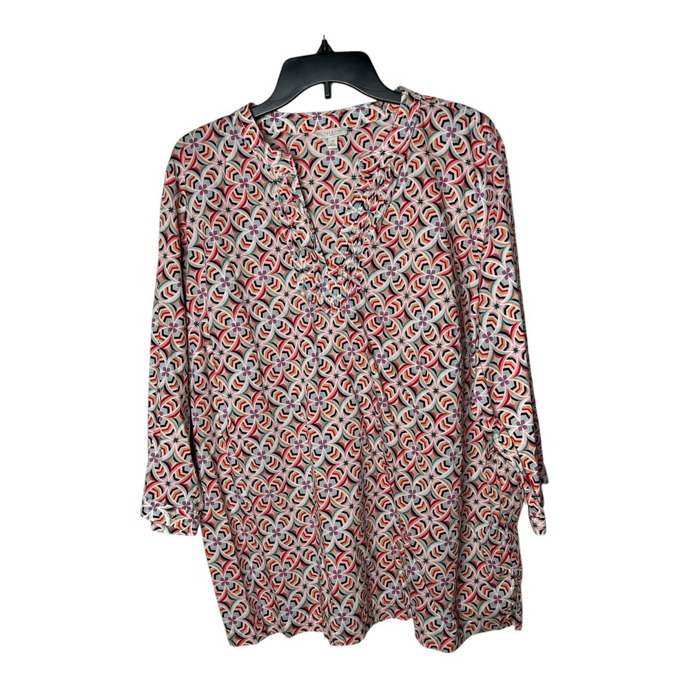 Talbots Top Womens 2X Abstract Funky Retro V Neck Pintuck 3/4 Sleeves Blouse